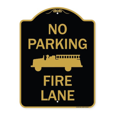 Signmission No Parking Fire Lane W/ Graphic, Black & Gold Aluminum Architectural Sign, 18" x 24", BG-1824-23624 A-DES-BG-1824-23624